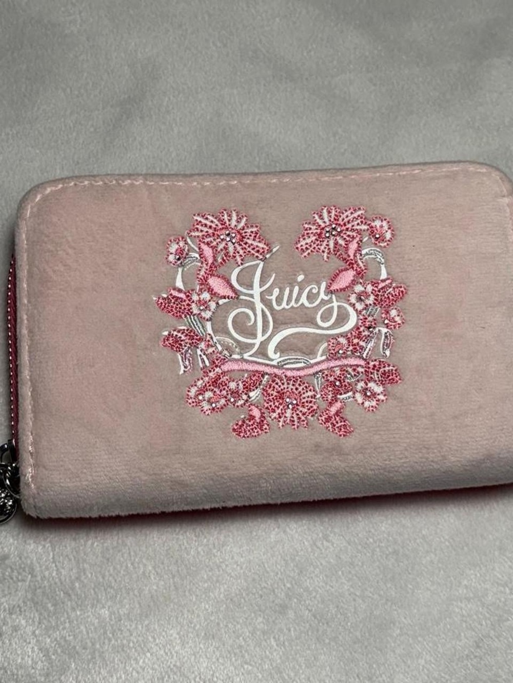 Juicy Couture Soft Pink Floral Embroidered Zip Wallet